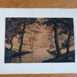 Watercolor signed Darta landscape river and forest