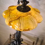 large wrought iron work lamp Andalusian style 1900 marbled opaline,,,, 49x25 magnificent and rare