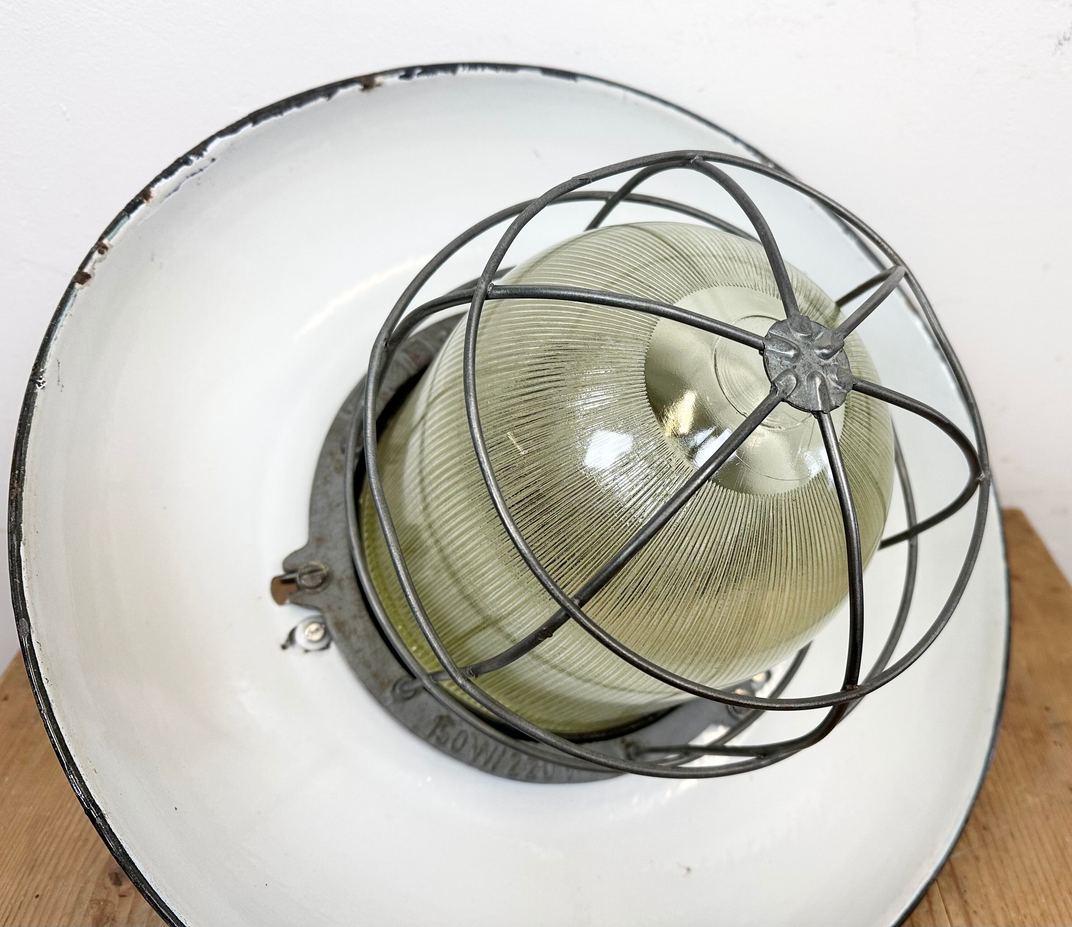Industrial Green Enamel Factory Cage Pendant Lamp in Cast Iron from Zaos, 1960s
