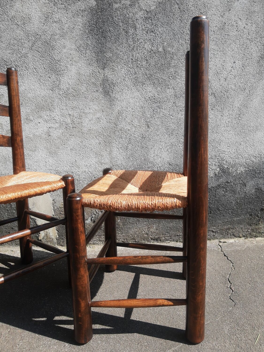 Pair of brutalist wood mulched chairs