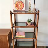 Large rattan shelf, leather strips and smoked glass 70s-80s