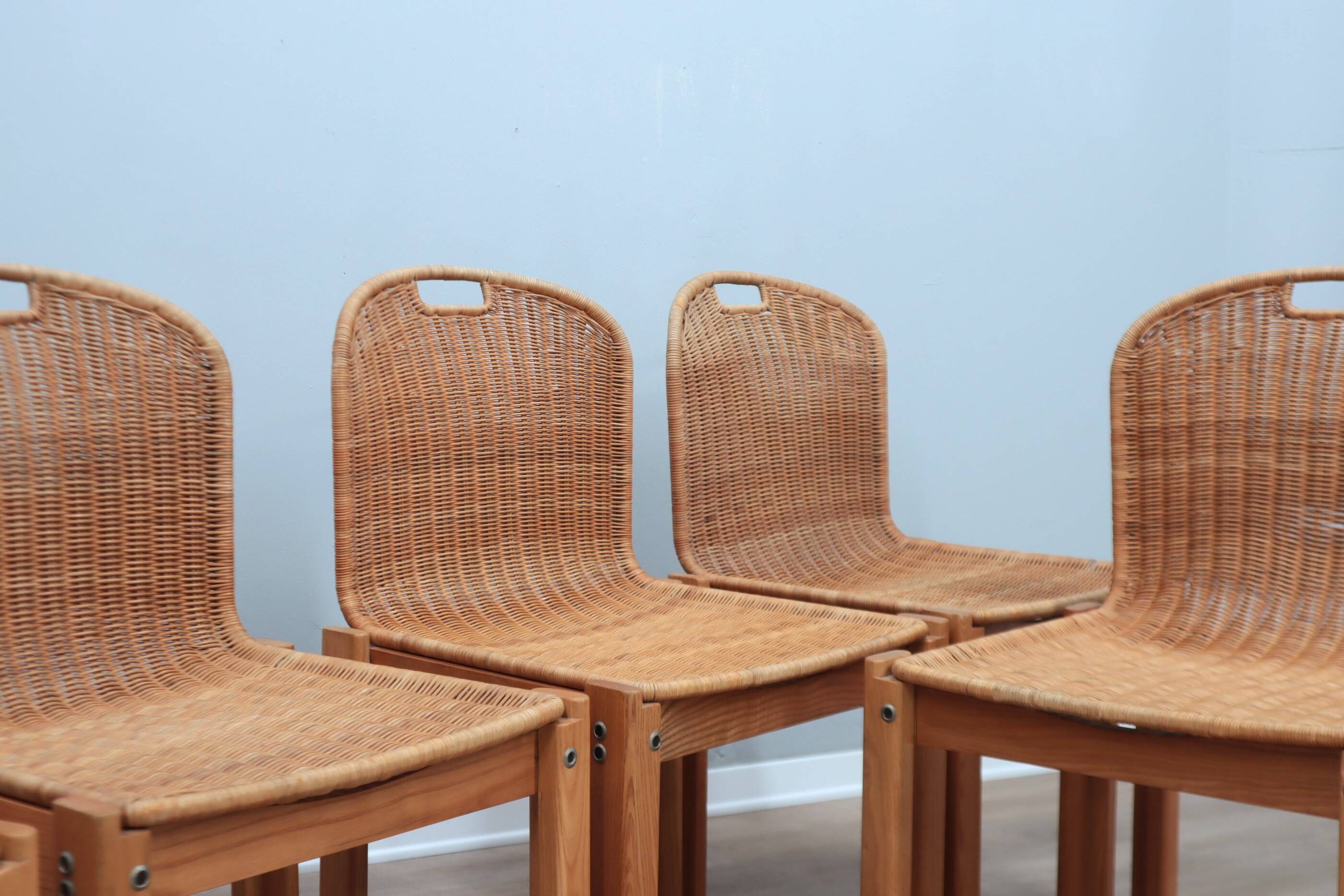Chaises courbées en osier et bois années 1970, lot de 6