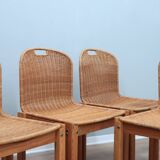 Curved wicker and wood chairs 1970s, set of 6