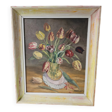 Oil on Canvas Still Life Flowers Bouquet Tulips Signed J. Testut