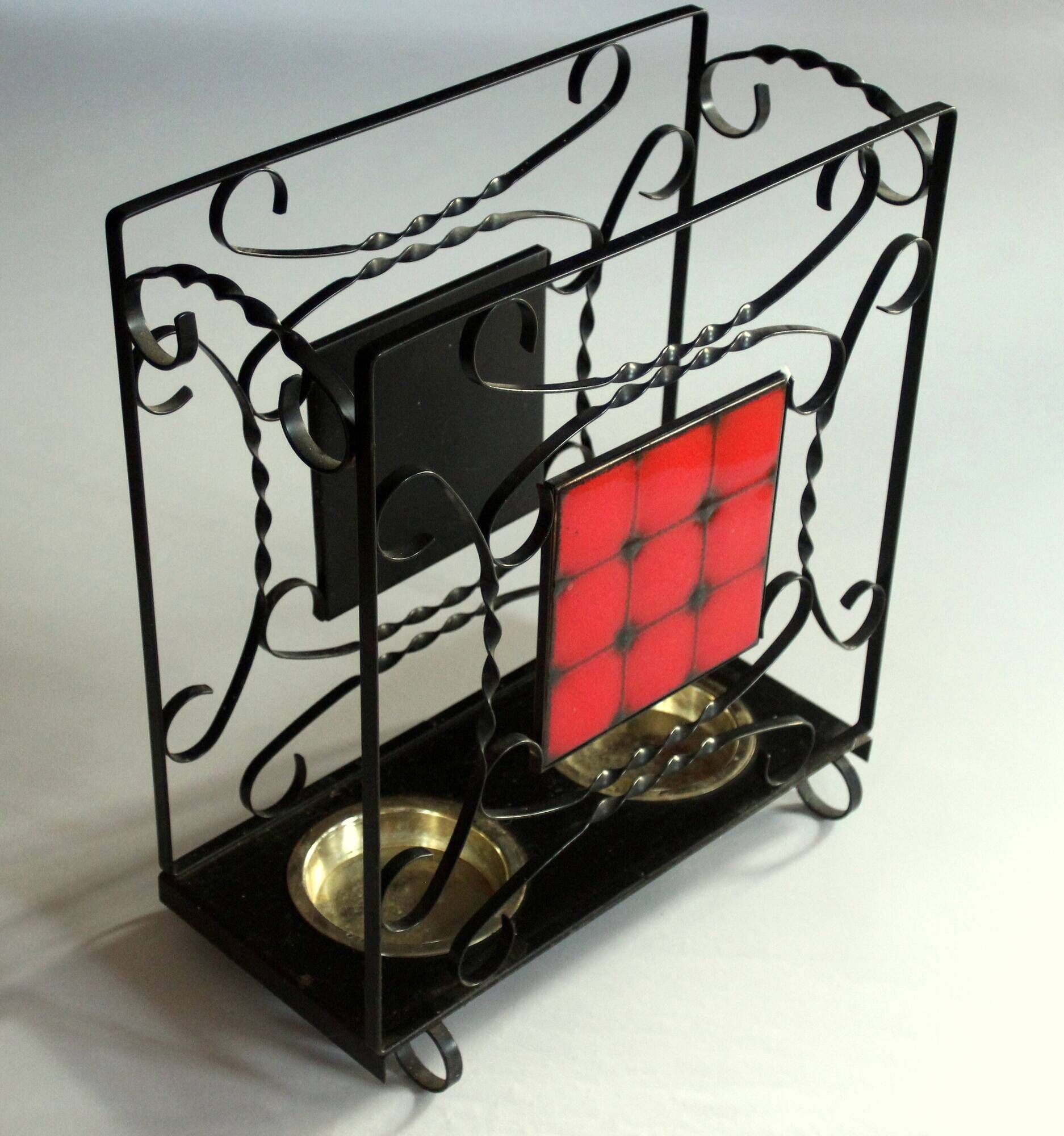 Handmade umbrella stand made of wrought iron, metal and ceramic, Vintage