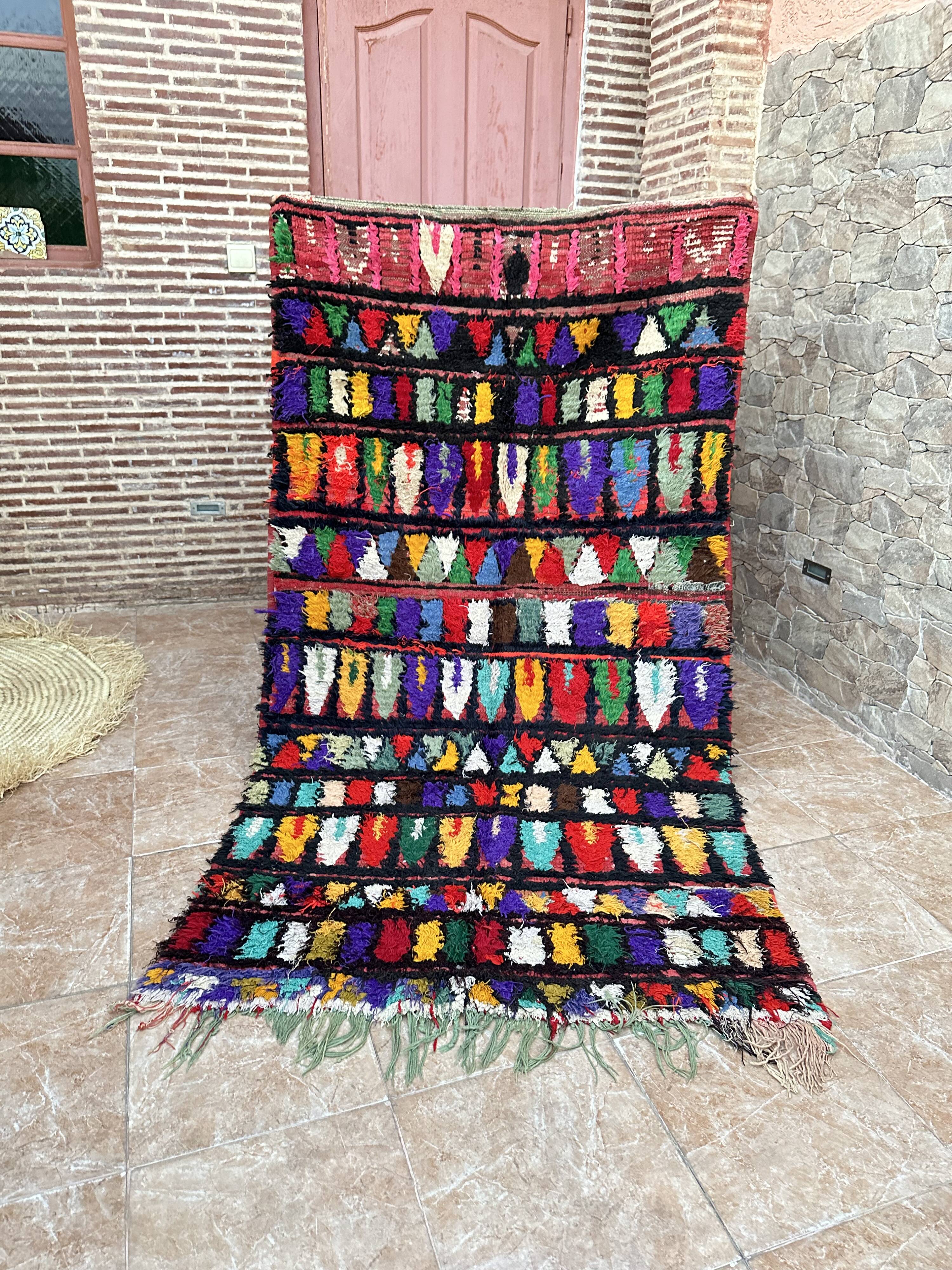 Vintage Moroccan Boujaad rug: Small abstract red Boucherouite rug.