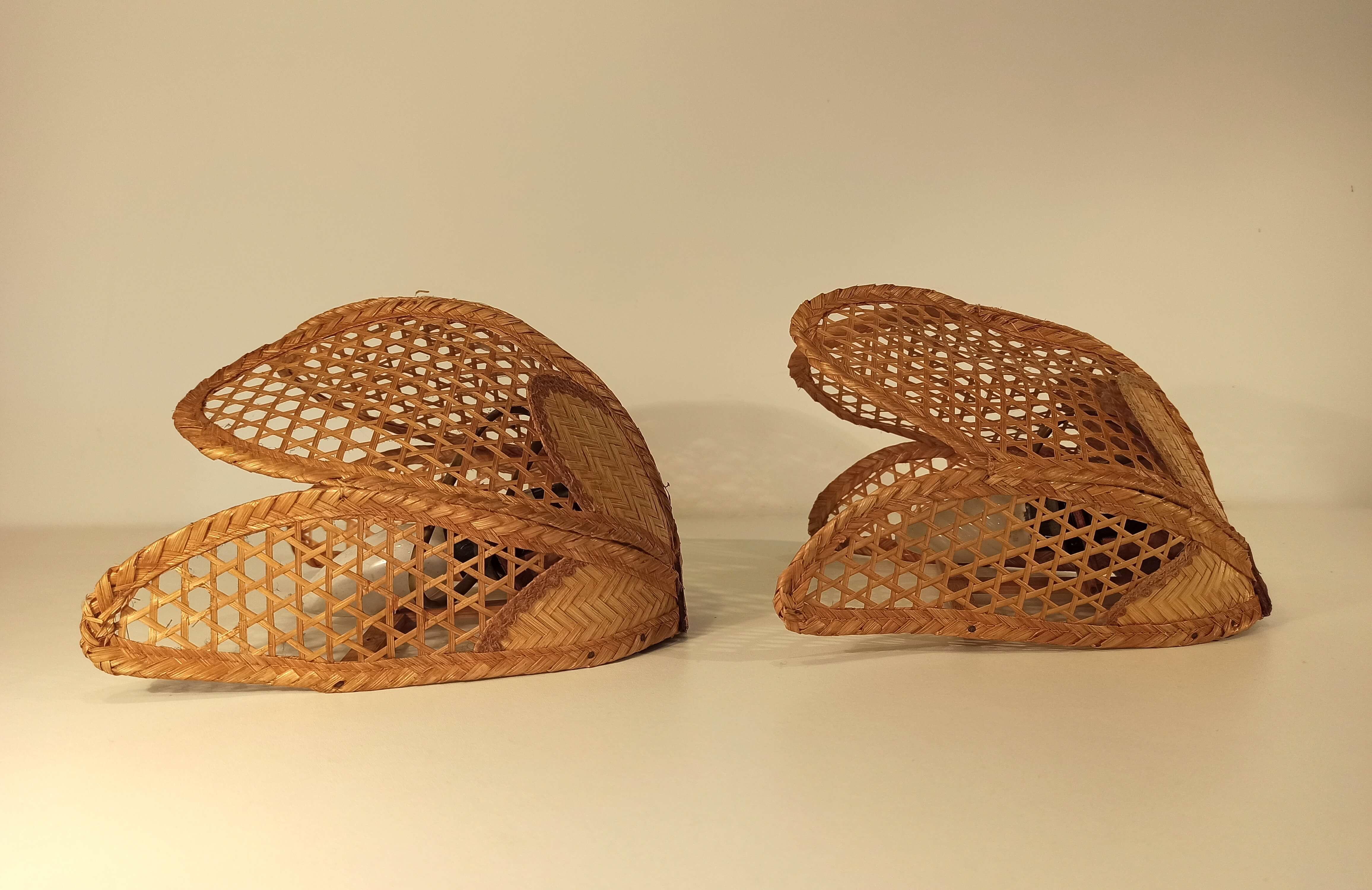 Pair of vintage 1960 wicker wall lamps and cannage half flower shape