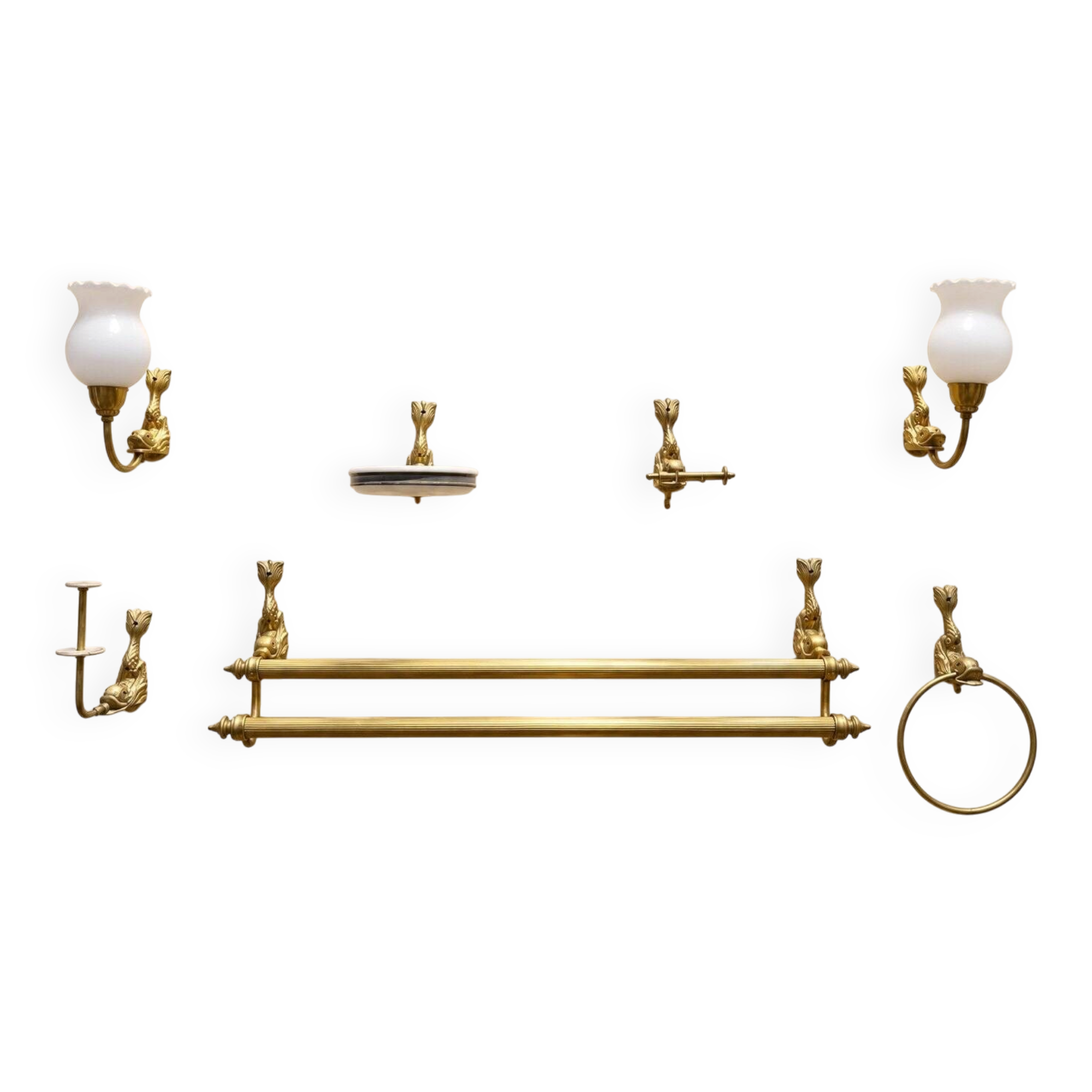 Bathroom set Napoleon III golden brass dolphin motif 7 pieces