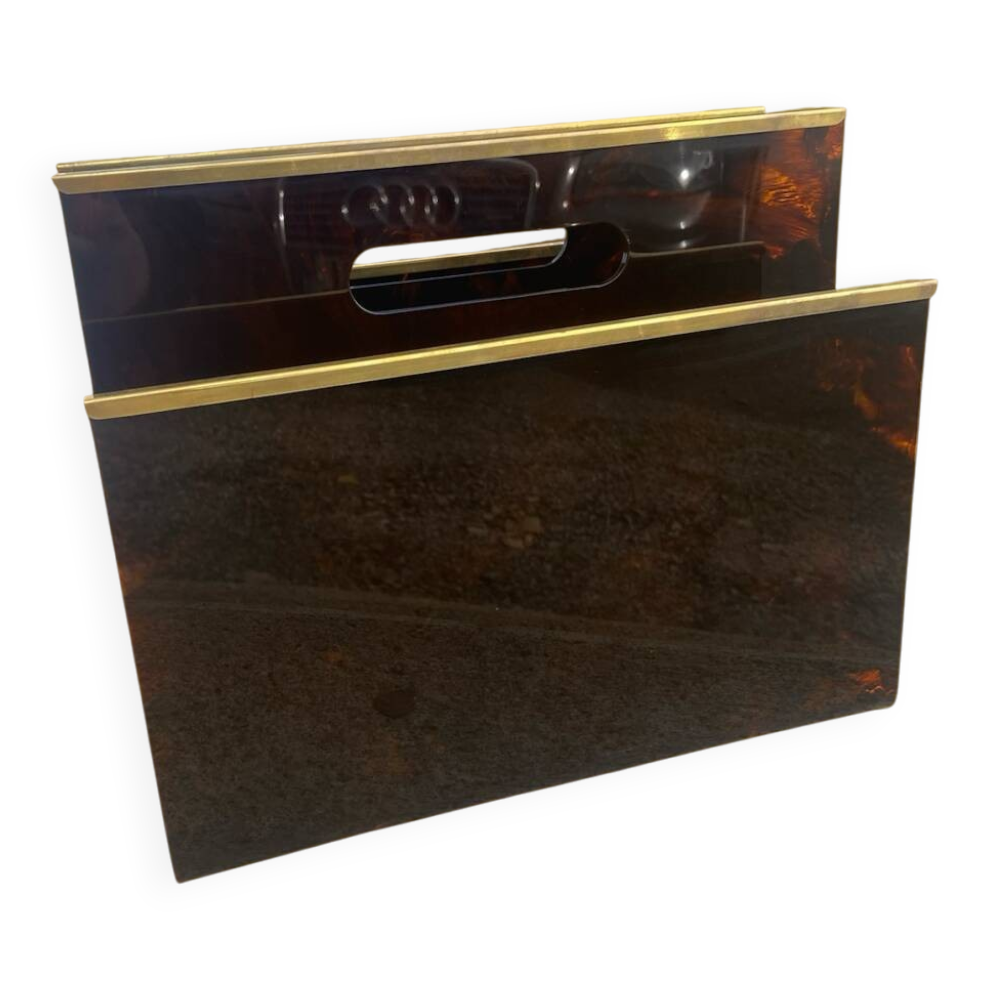 1970s magazine rack in tortoiseshell plexiglass by alpac