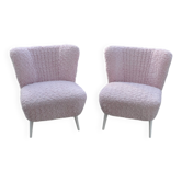 Fauteuil Mid-Century rose en tissu (fausse fourrure) avec structure hêtre massif, années 1960