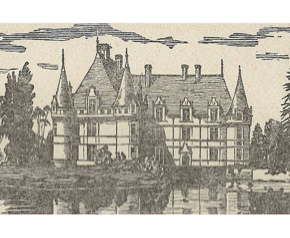 Engraving-years 1930-J Druet - The castle of Azay-le-Rideau