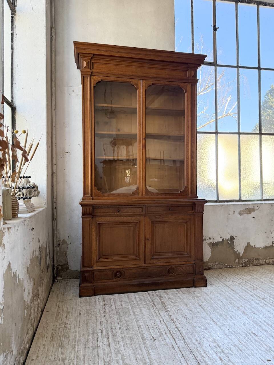Antique XL Napoleonic oak glass bookcase, 19th century