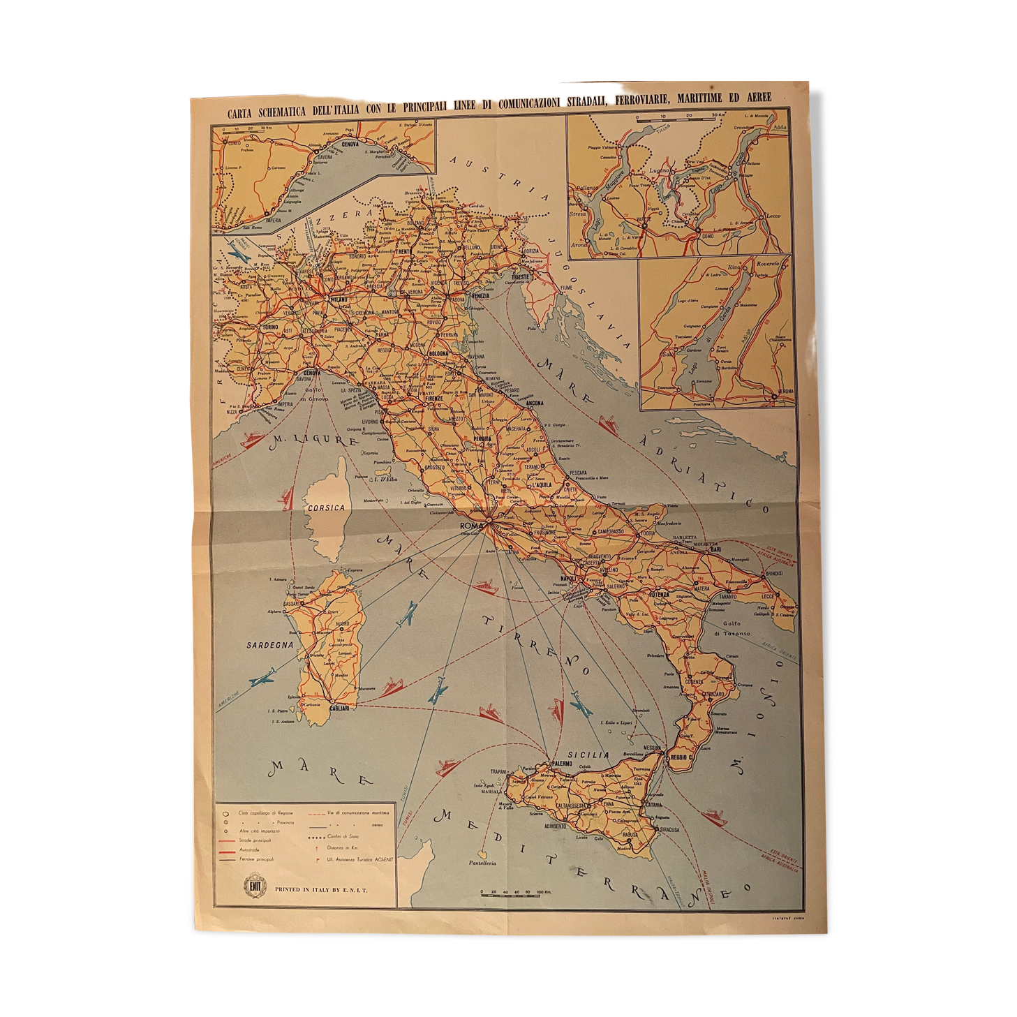 Old poster map of Italy and major twentieth-century transport routes