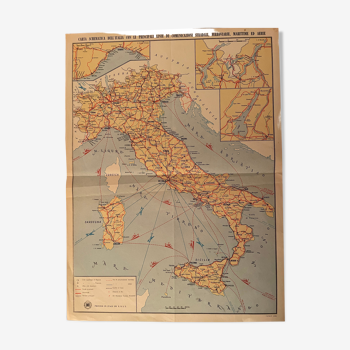 Affiche ancienne carte de l'Italie et de principales voies de transport XXe siècle