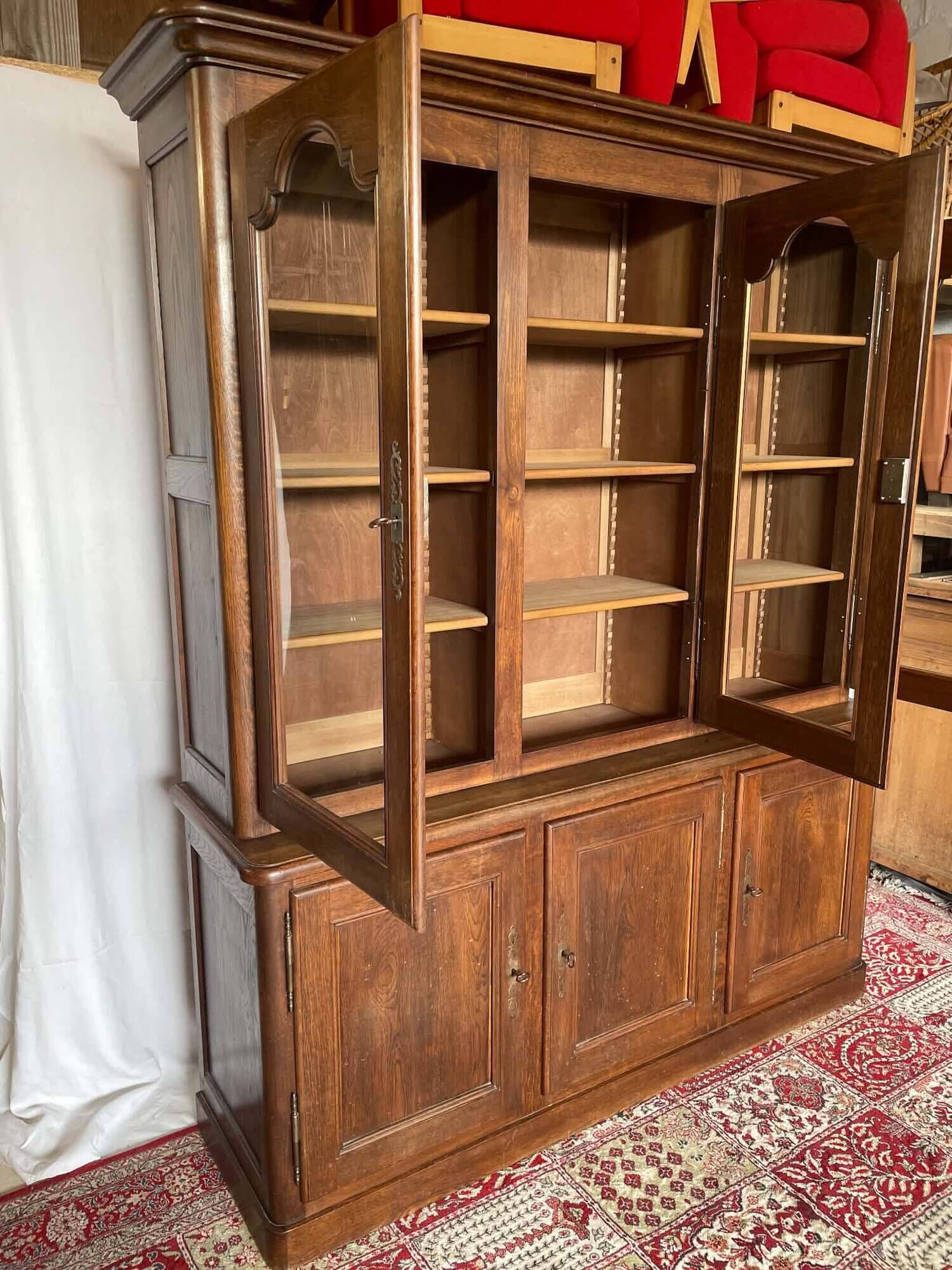 Large antique two-body library in solid oak – 3 glass doors