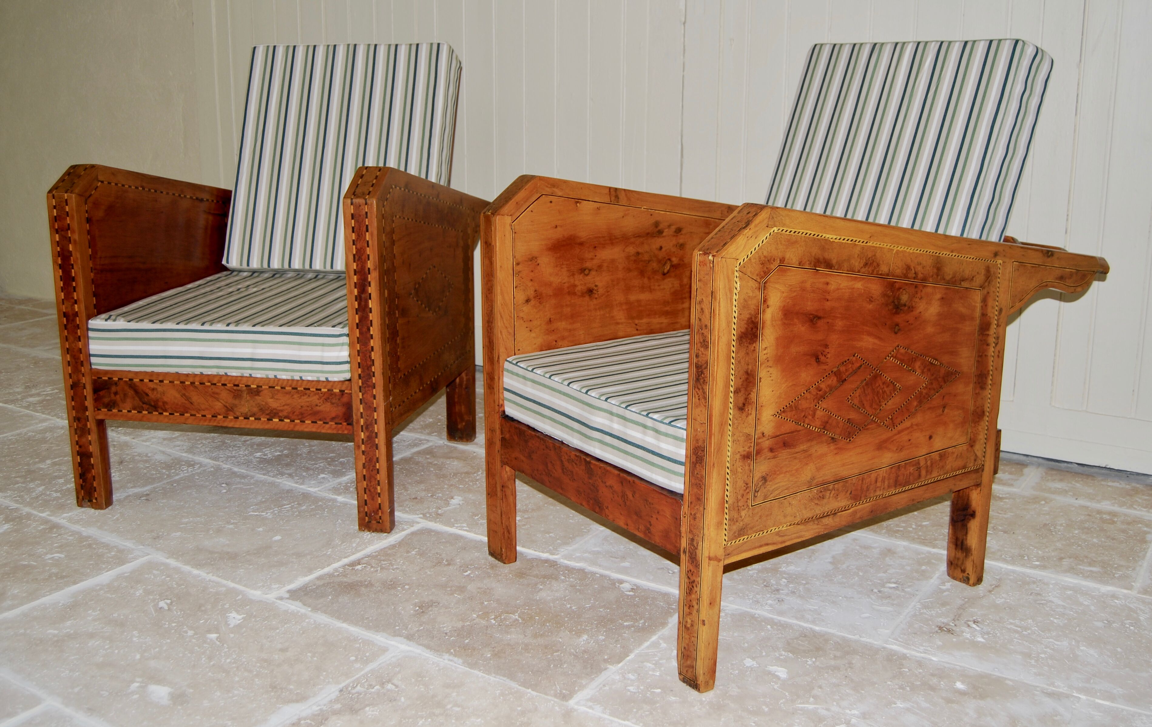 Vintage wooden veranda armchairs with inlaid marquetry 1930s