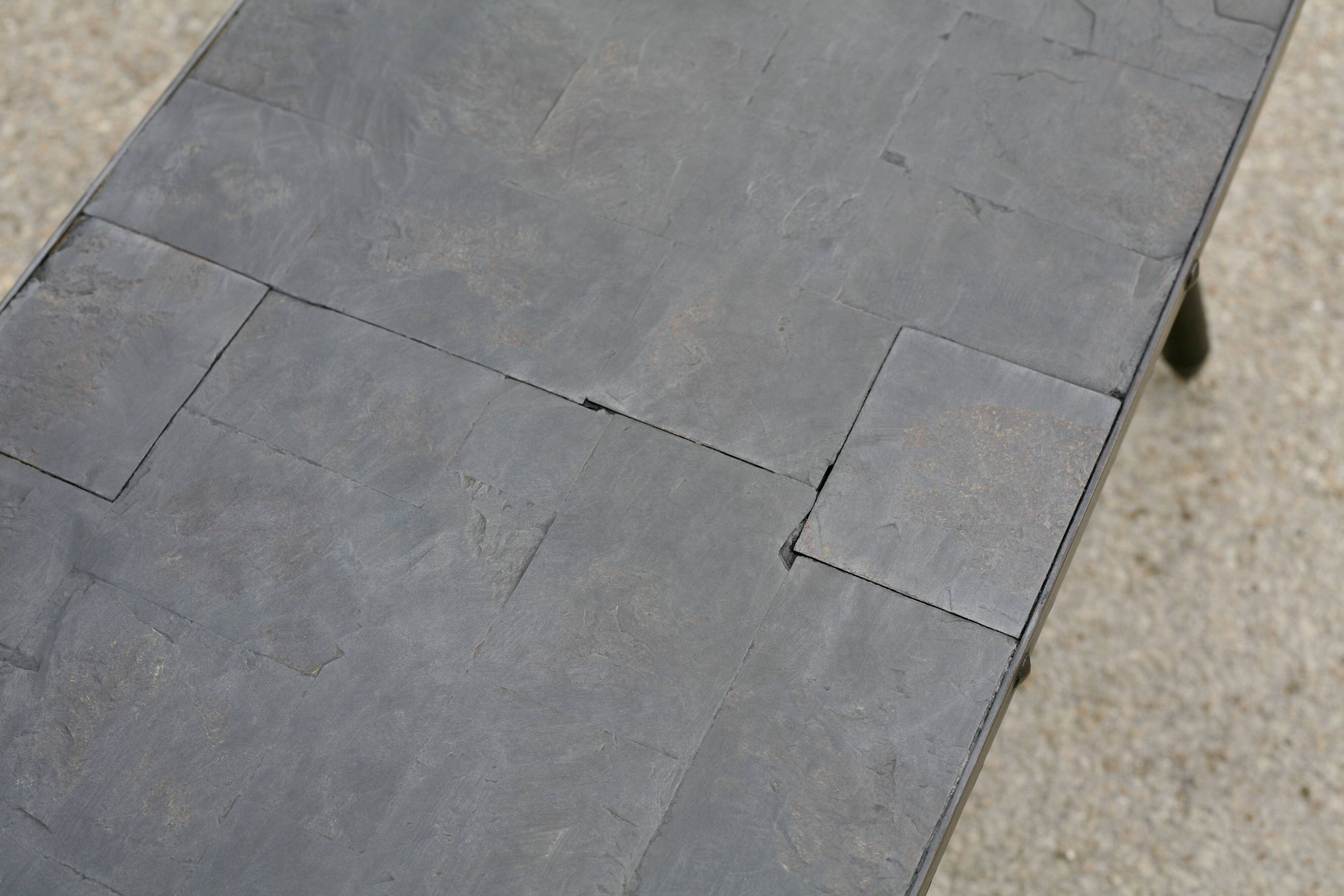 Brutalist coffee table, slate top and steel base, France, 1960s