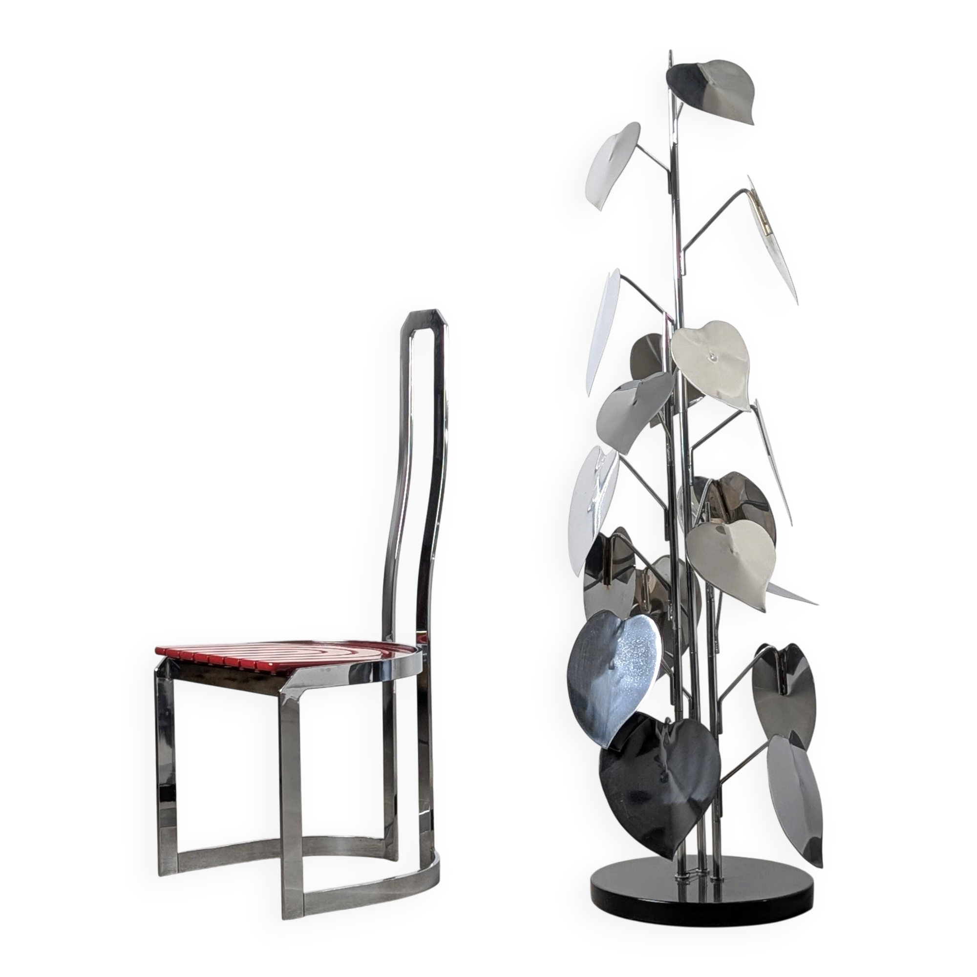 Standing sculpture with chrome leaves and circular base, 1970s