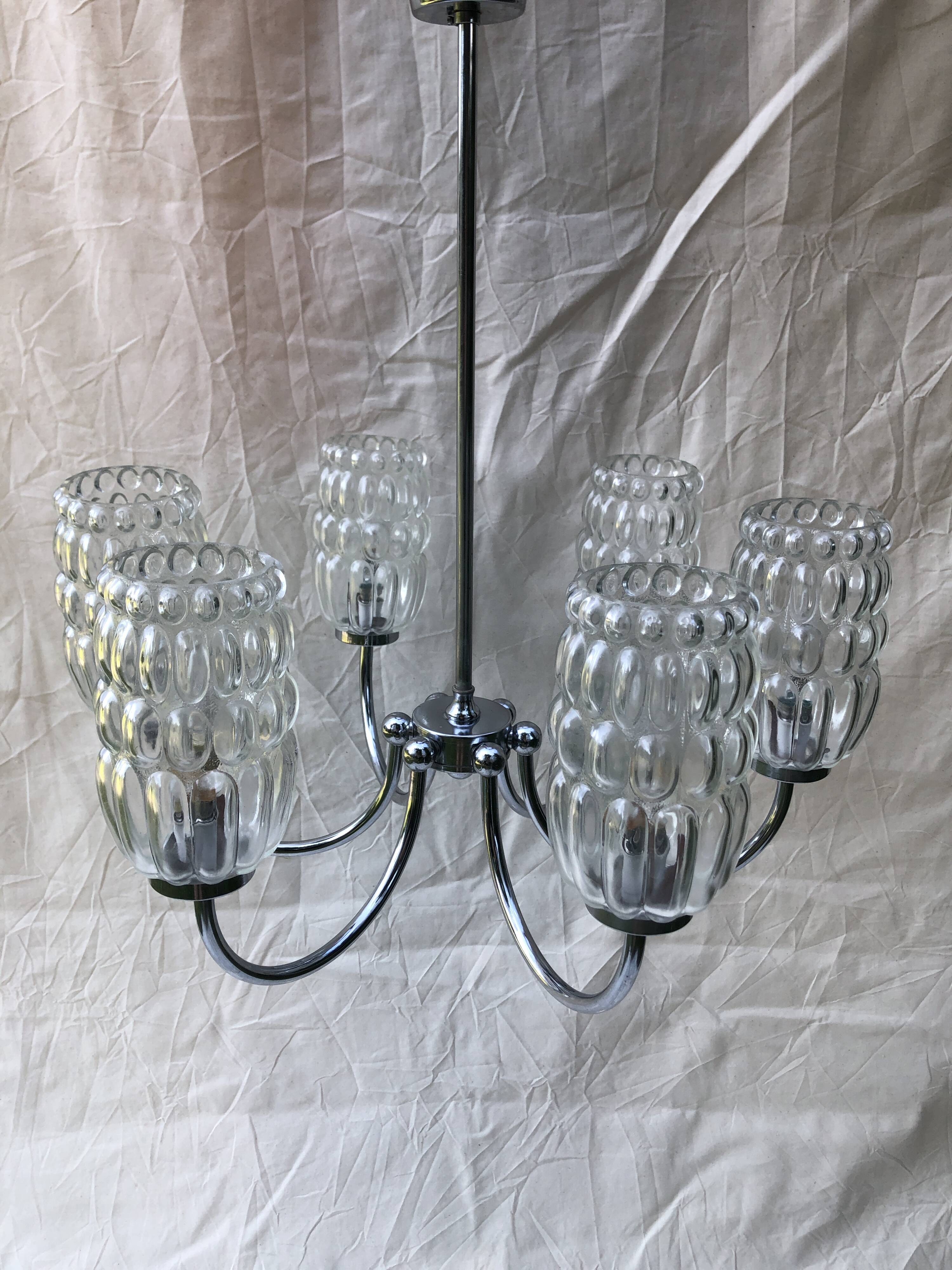 6-branched chrome chandelier & glass lampshades