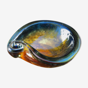 Vide-poche à verre de murano ambre & bleu et forme de coquillage - années 60 / 70