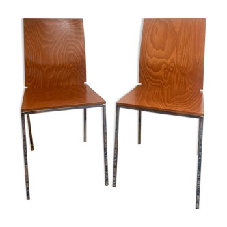 Pair of Vintage 70s Chairs in thermoformed wood and chrome steel