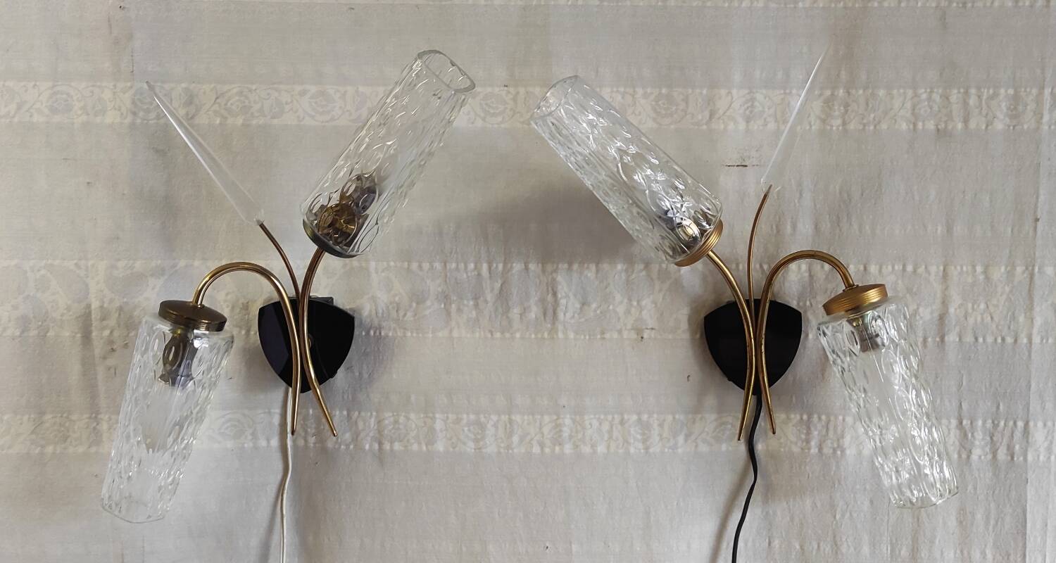 Double wall lights in gold metal and glass tulip - 60s/70s
