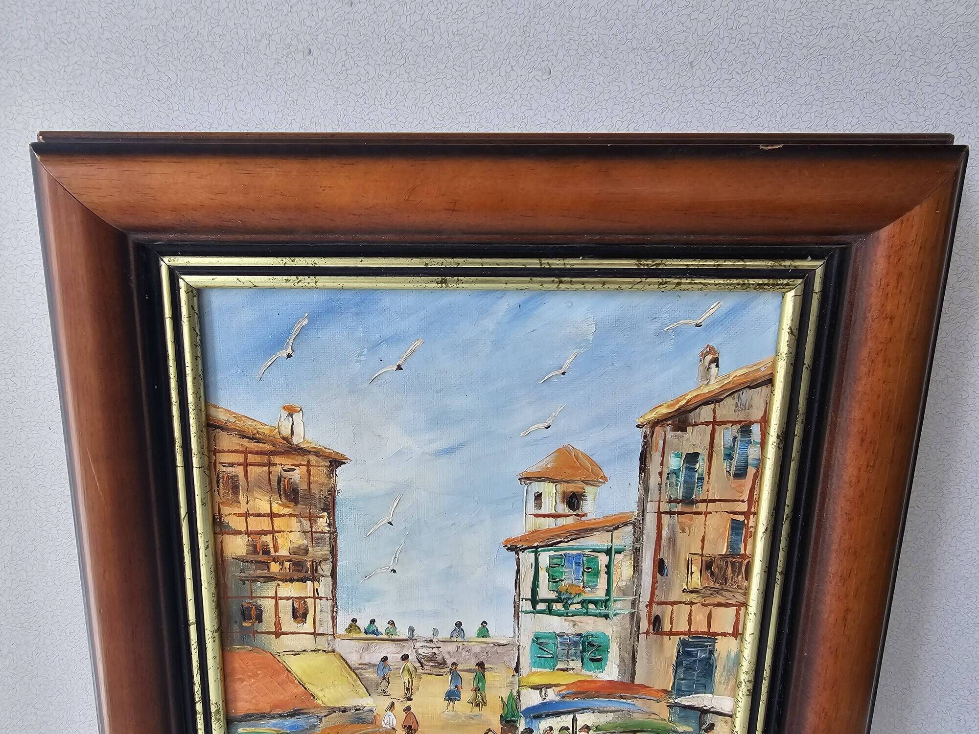 Oil Painting on Canvas Saint Jean de Luz Rue de la République signed Gil Va