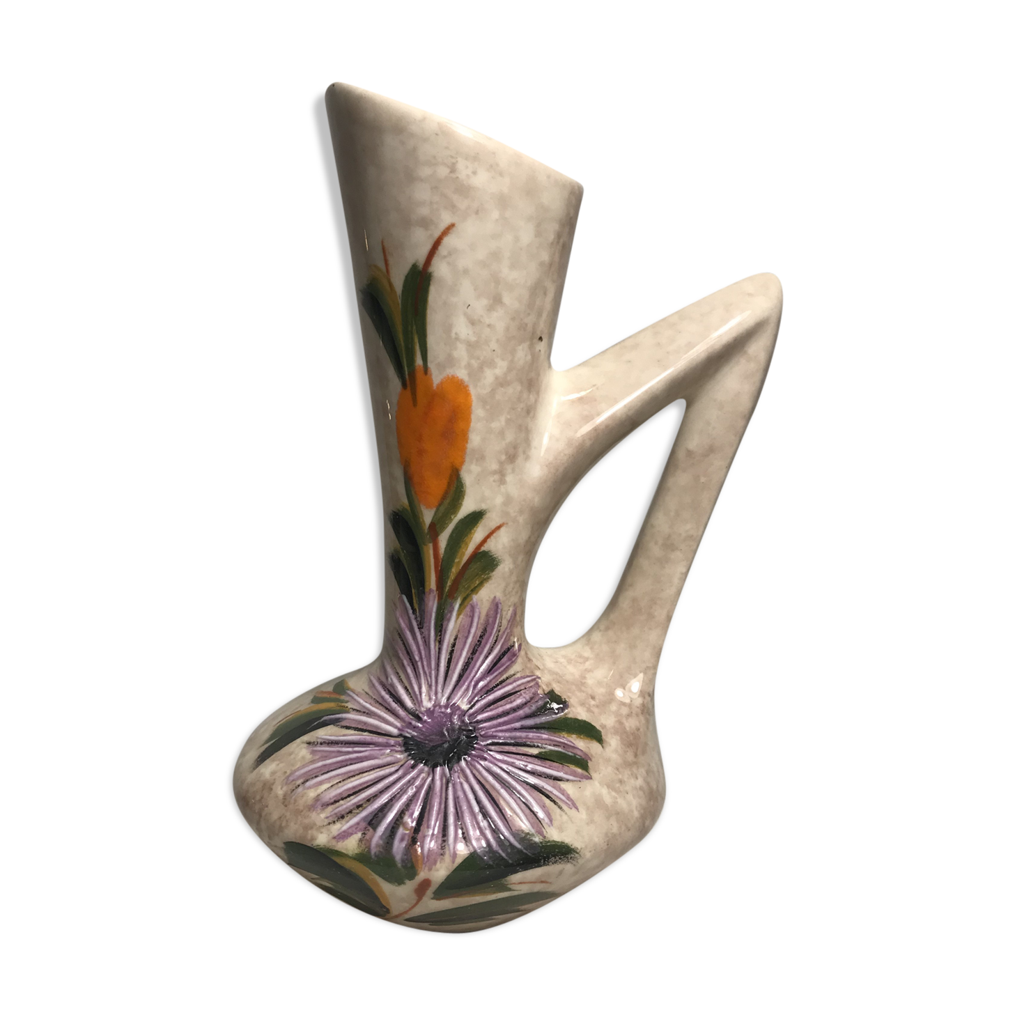 Former pitcher Vallauris enamelled Tess ceramic + painted flower Vintage