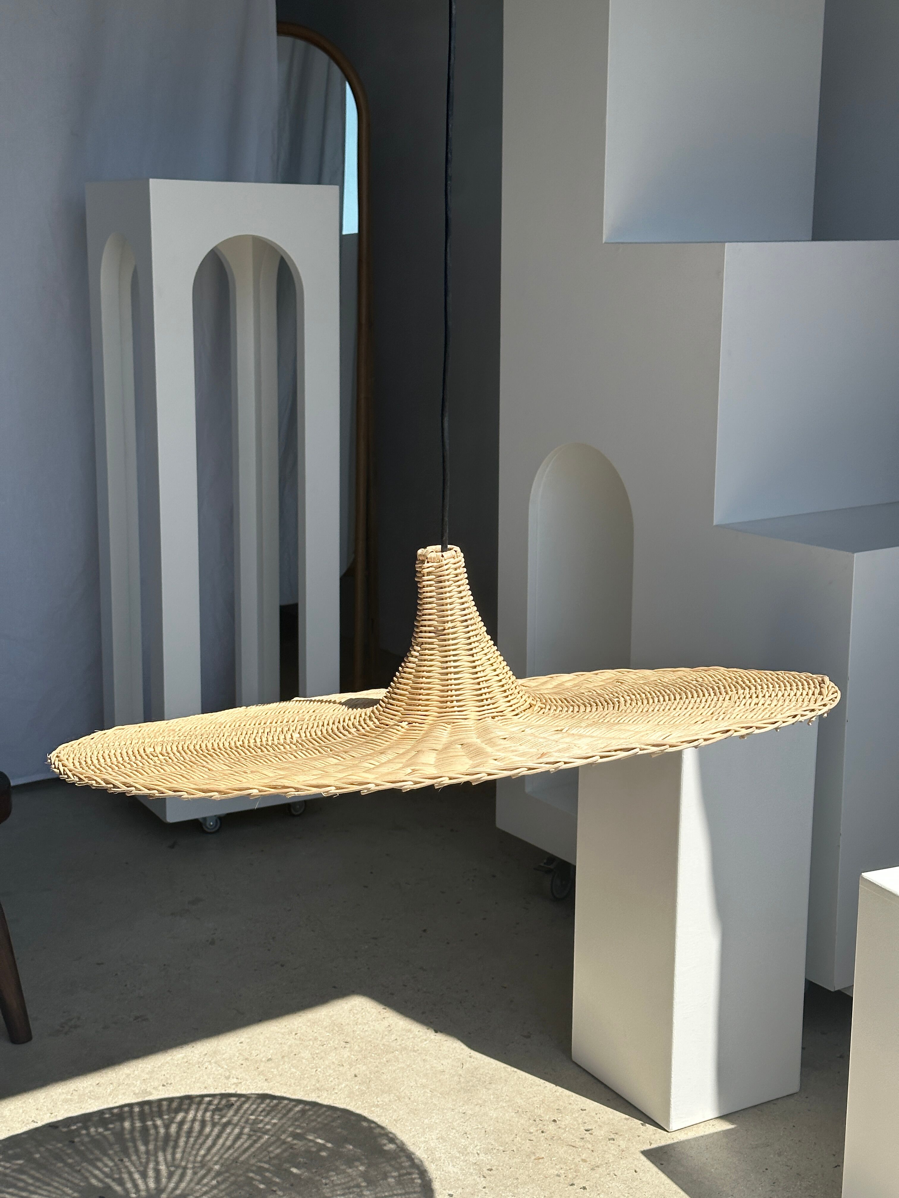 Large suspension, rattan luminaire in hat shape D:80cm