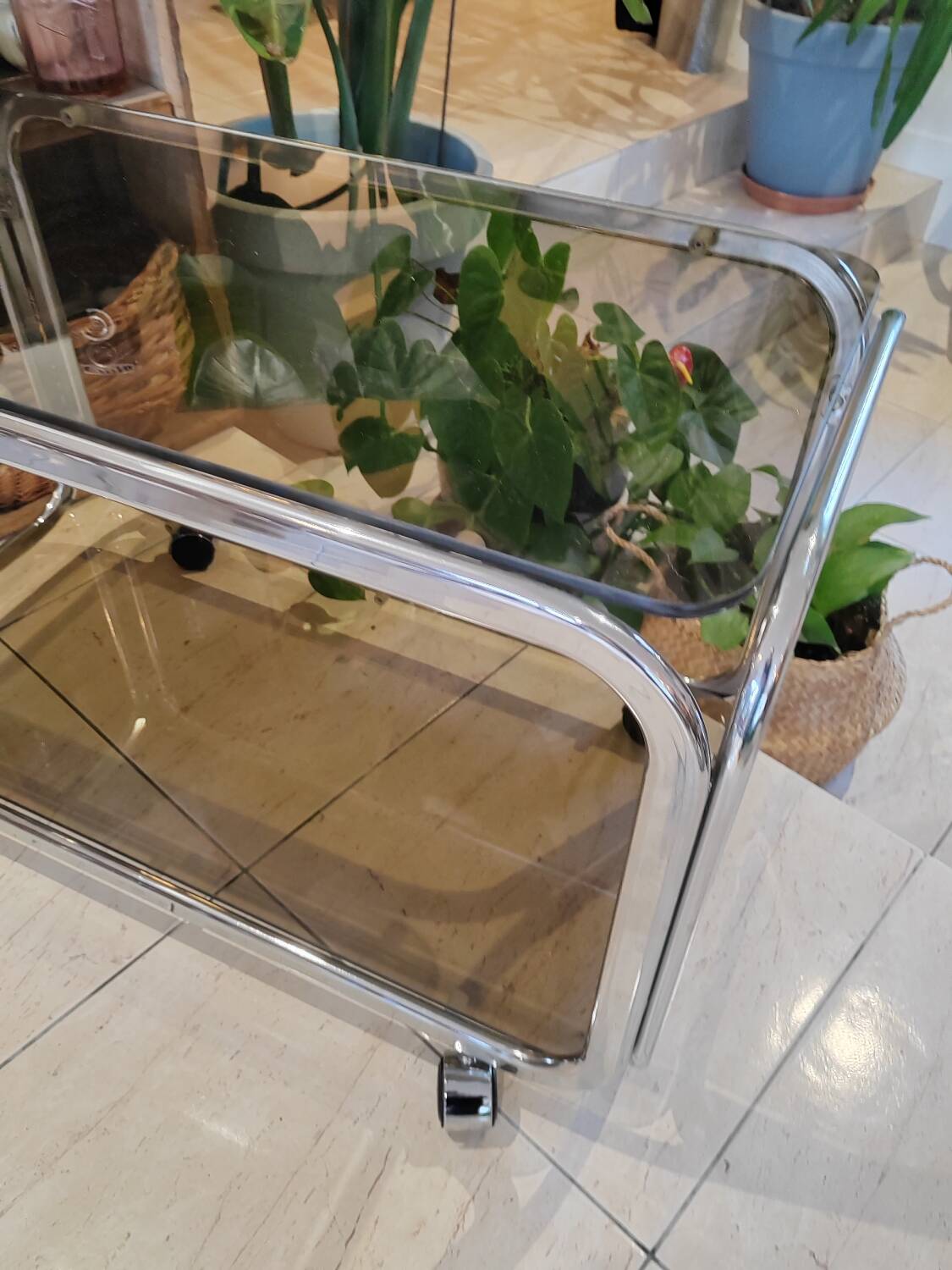 Vintage serving trolley in smoked glass and chrome metal