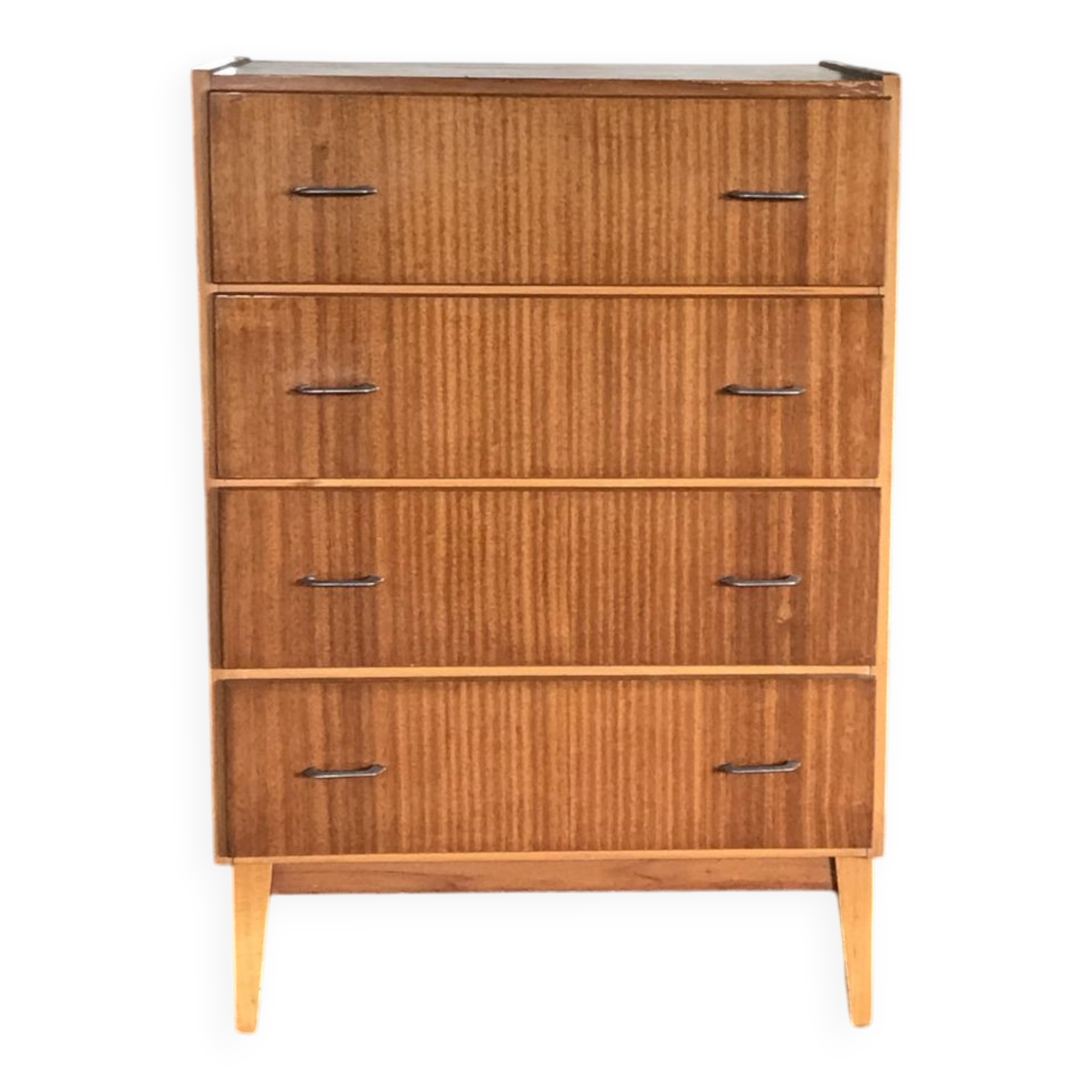 Commode Varia marron en contreplaqué, 4 tiroirs, poignées métal, style scandinave années 1960