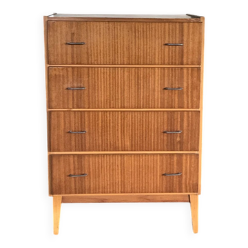 Commode Varia marron en contreplaqué, 4 tiroirs, poignées en métal, style scandinave des années 1960.