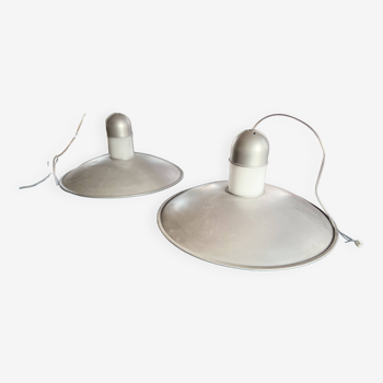 Pair of ufo metal and glass pendant lights, space-age Limburg