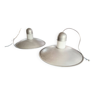 Pair of ufo metal and glass pendant lights, space-age Limburg