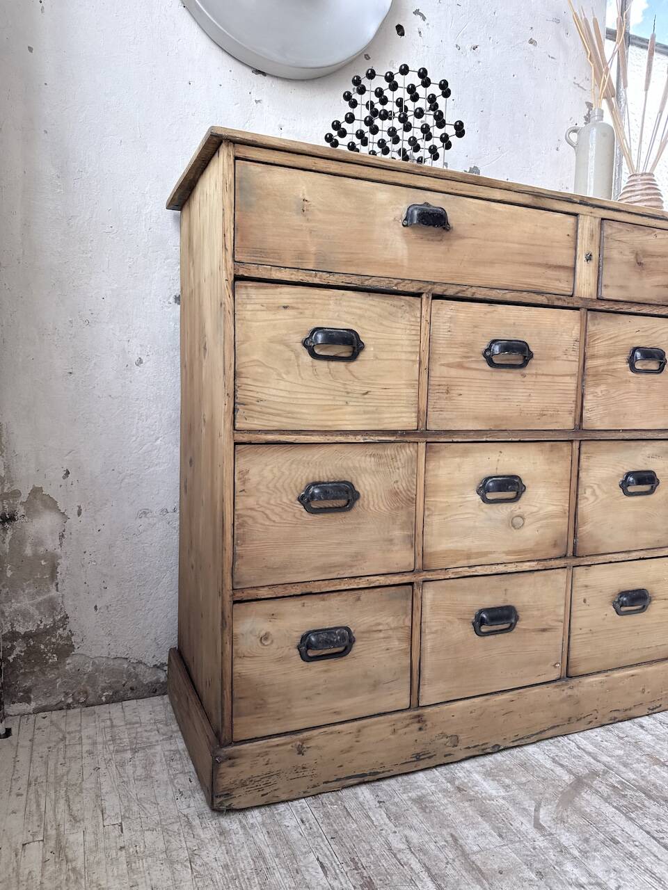 1950s pine workshop cabinet with drawers