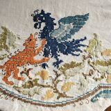 Round embroidered linen tablecloth
