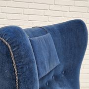 Années 1960, fauteuil relax danois à dossier haut, état d'origine, meuble en velours bleu.
