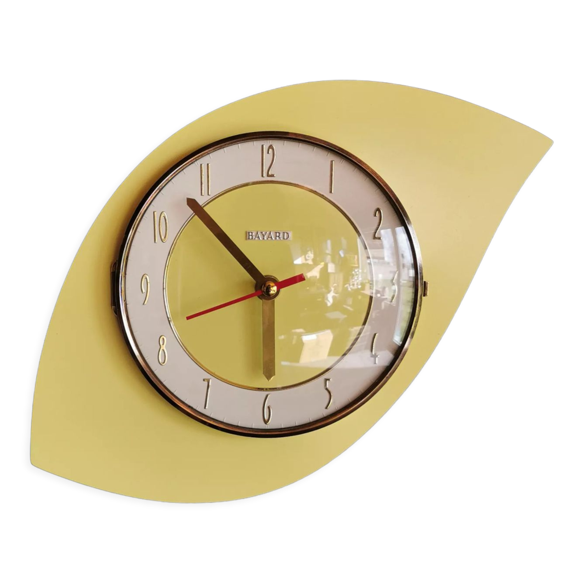 Vintage formica clock asymmetrical silent wall clock "Bayard yellow"