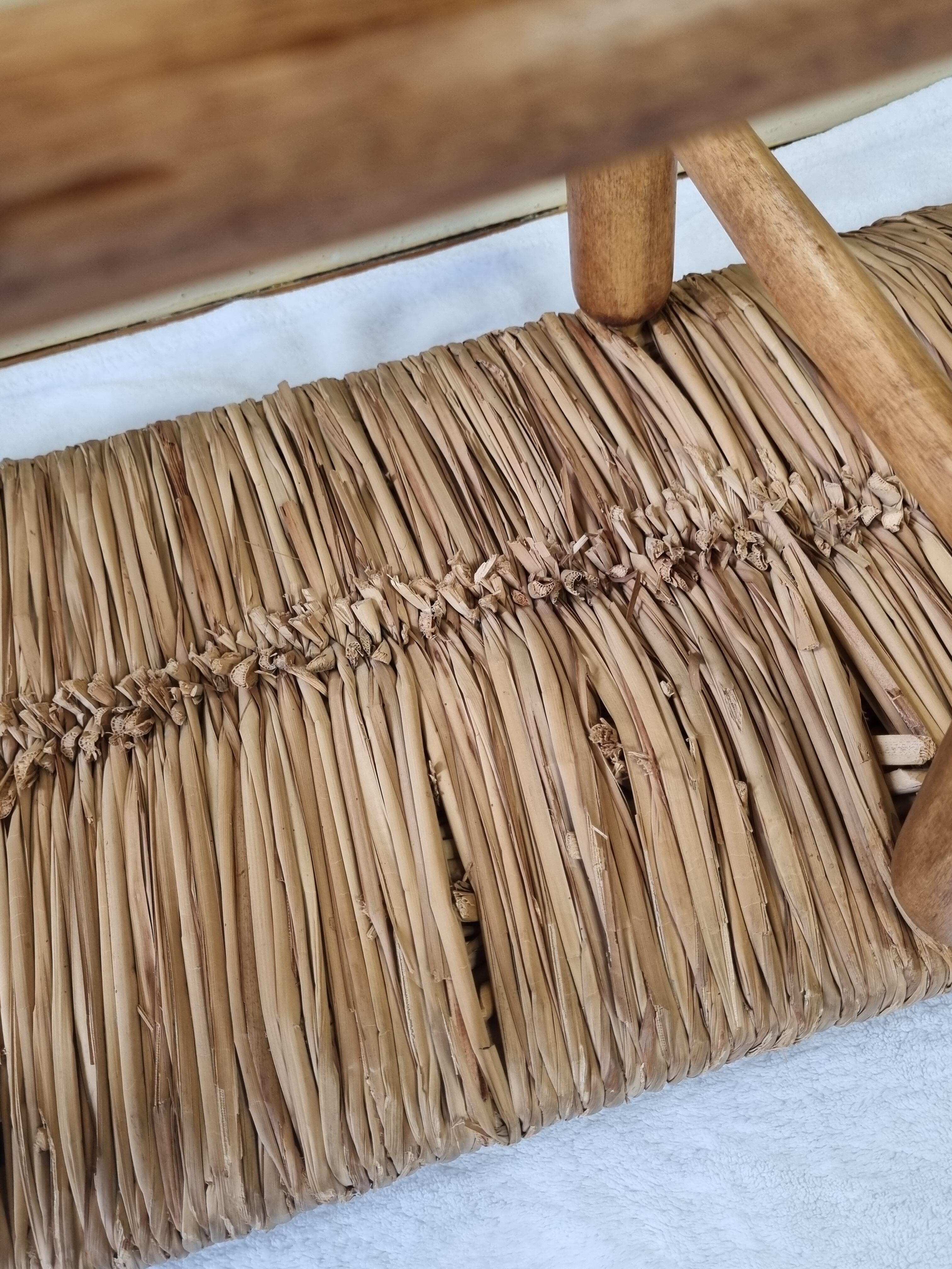 Wooden entrance bench and vintage straw 90 cm