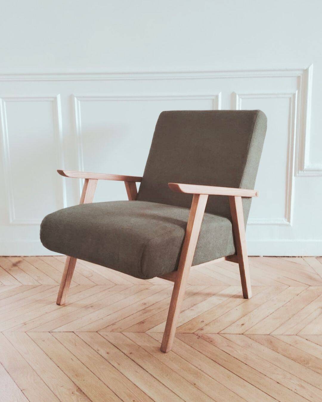 Renovated armchair, Scandinavian style in wood and green fabric.