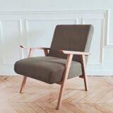 Renovated armchair, Scandinavian style in wood and green fabric.