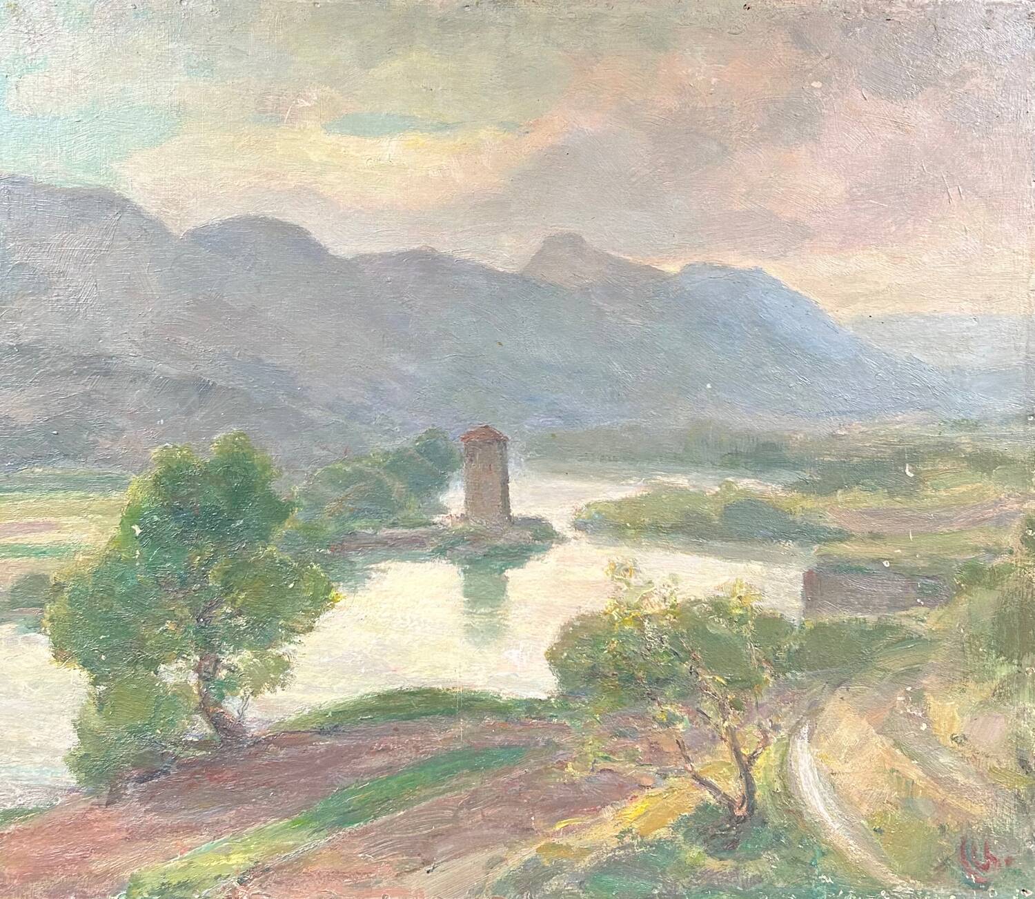Antique painting of a lake and mountain landscape