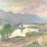 Old lake and mountain landscape painting