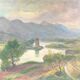 Tableau ancien paysage lac et montagne
