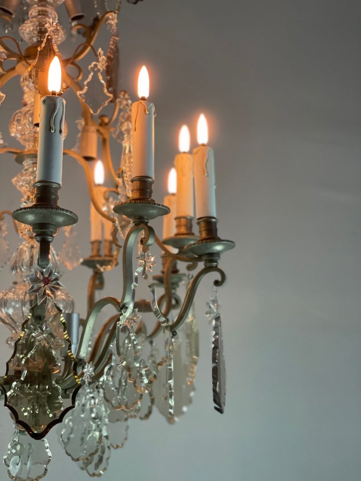 Silver bronze cage chandelier with crystal grapevines circa 1900