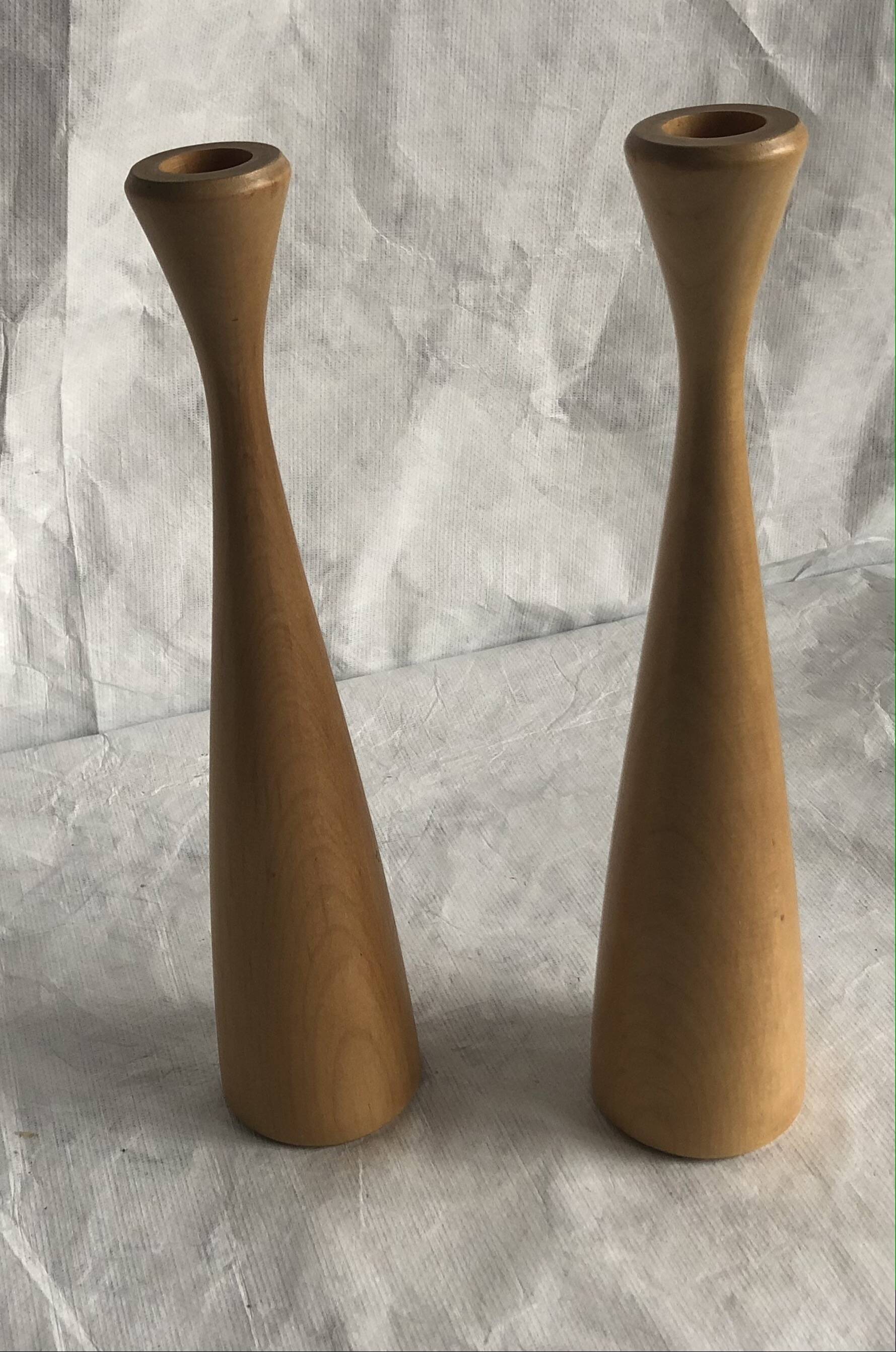 Pair of vintage birch wood candlesticks, Scandinavian design