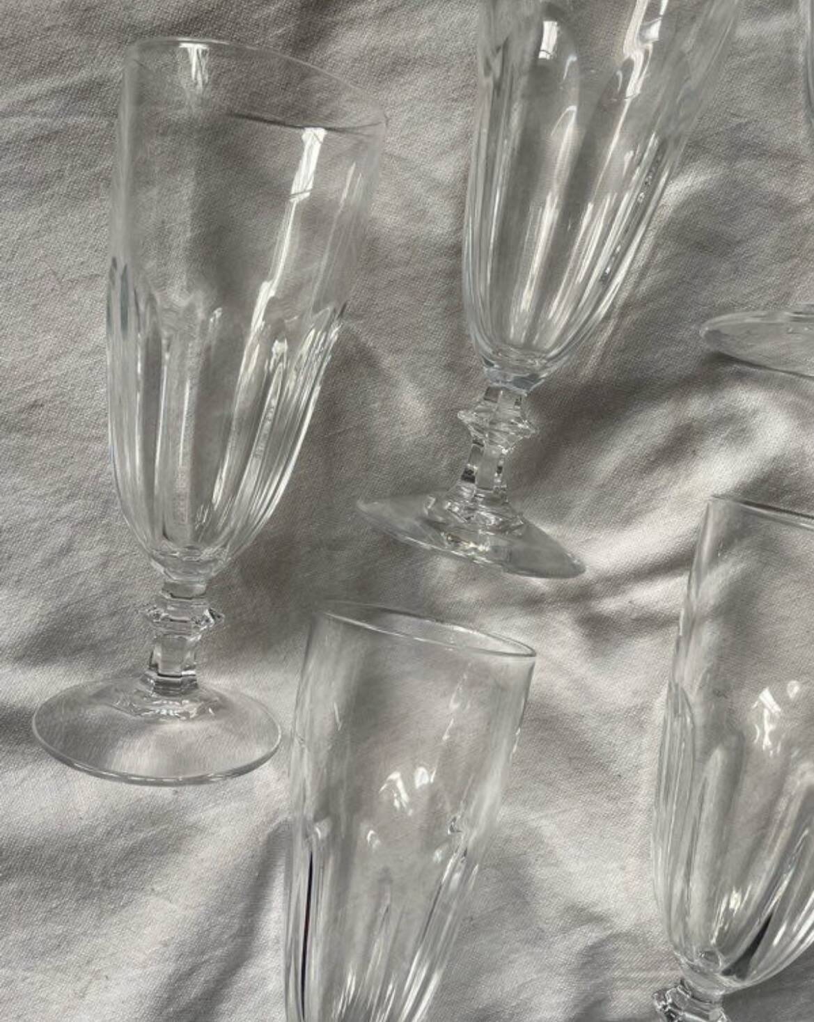 6 antique crystal champagne flutes and stemmed glasses