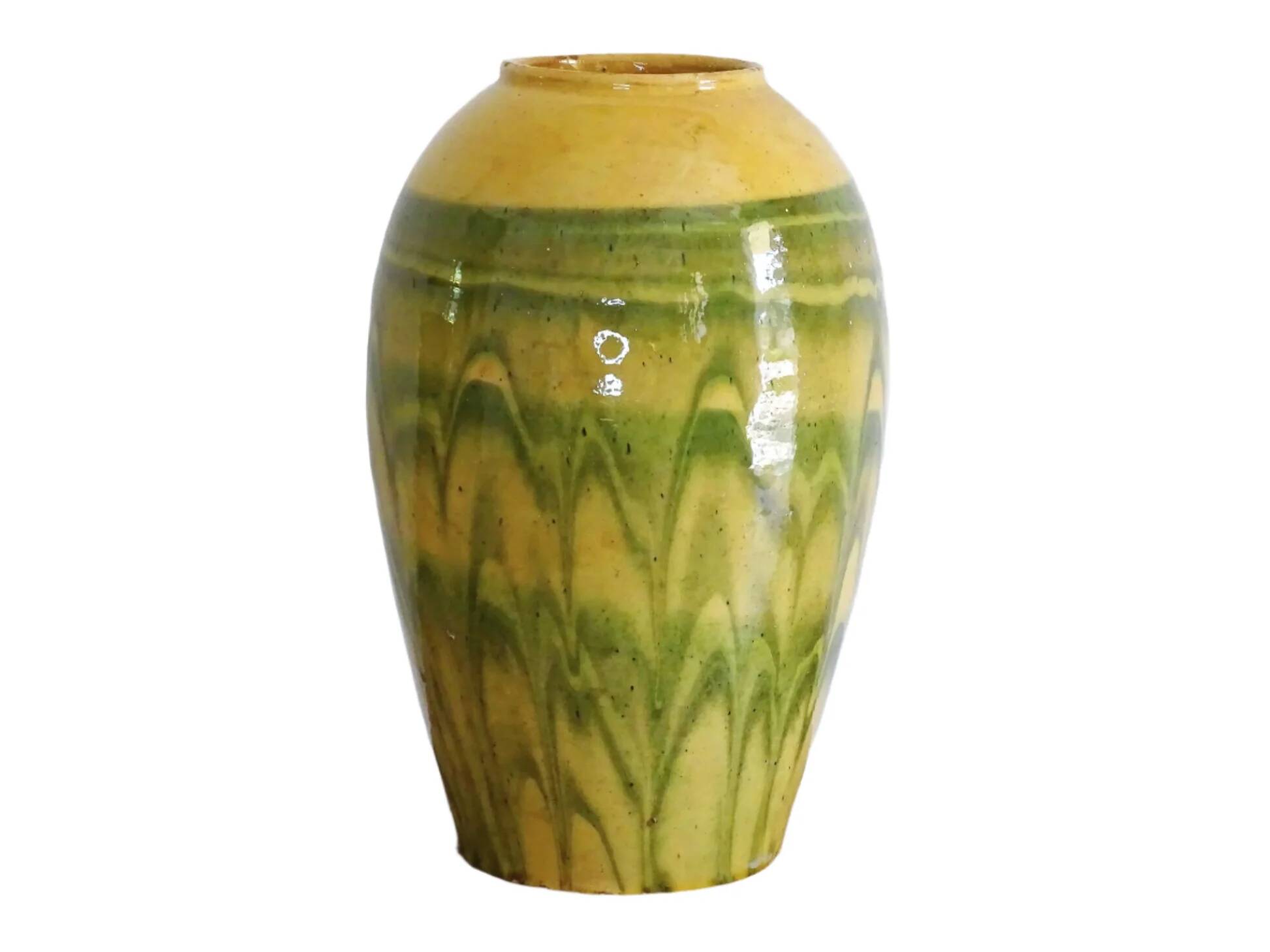 Vase ancien français en terre cuite à glaçure verte et jaune