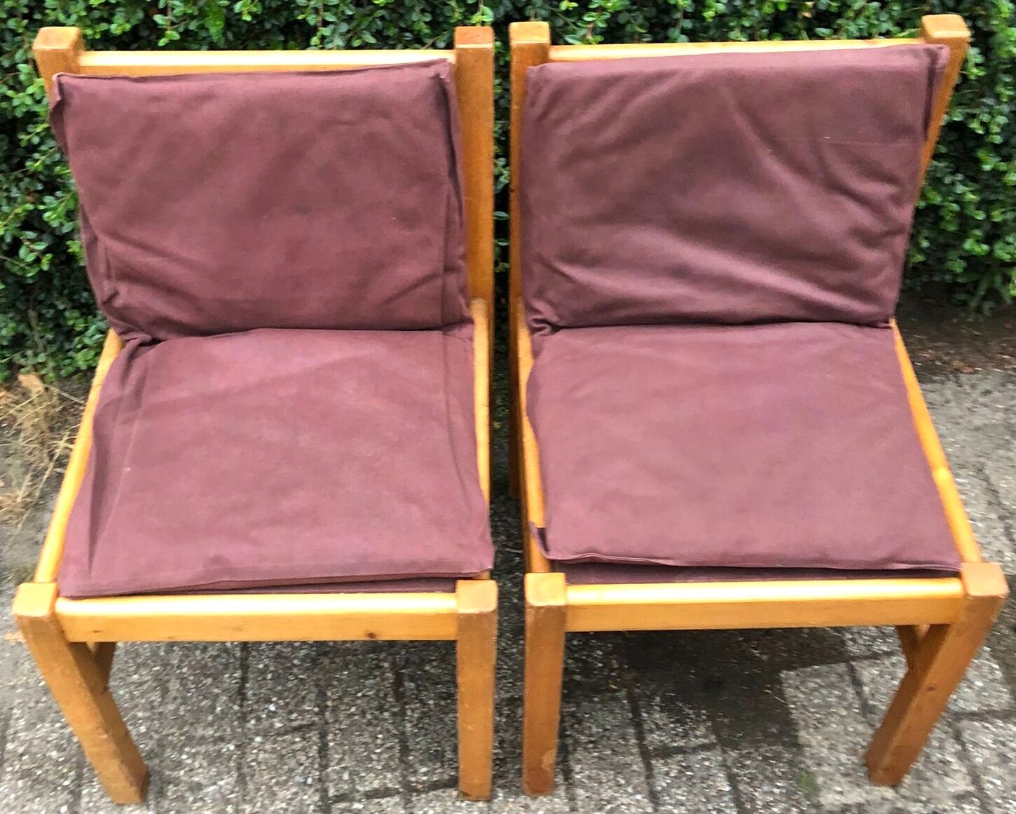 Set of 6 pine dining chairs sling seats canvas upholstery