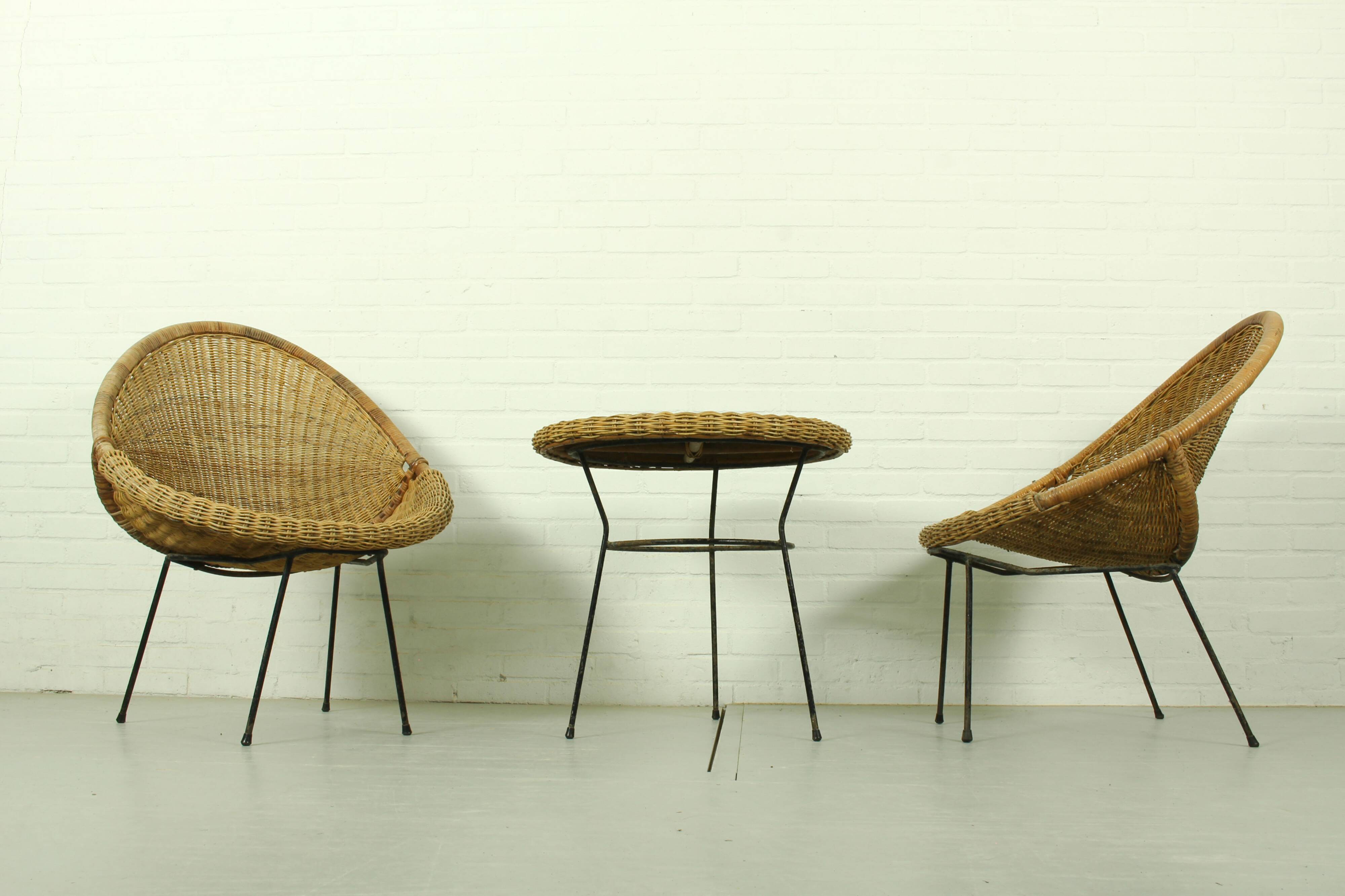 1950s Italian Rattan Basket Chairs & Matching Bistro Table Set